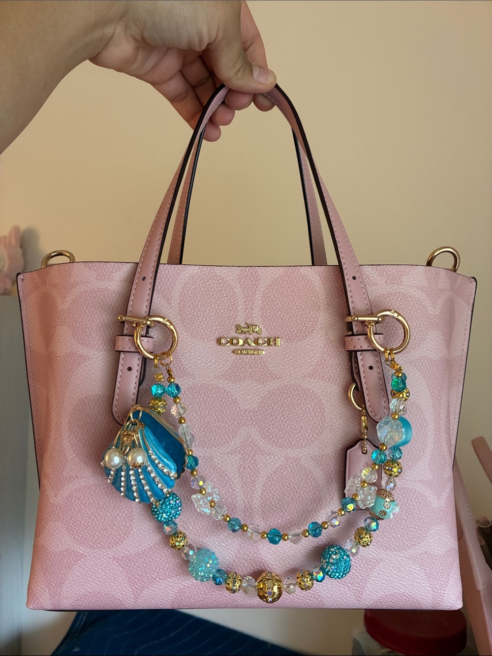 Turquoise Shell Bead Keychain Charm with Crystal Accents Bag Chain